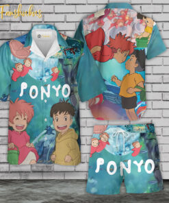 Ponyo Hawaiian Shirt Set | Japanese Anime Hawaiian Style | Unisex Hawaiian Set | Ponyo Ghibli Hawaiian Style