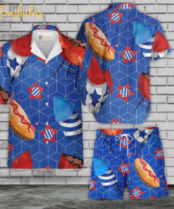 USA Flag Day Fast Food Hawaiian Shirt Set | 4th Of July Hawaiian Shirt | Unisex Hawaiian Set | Independence Day Hawaiian Style