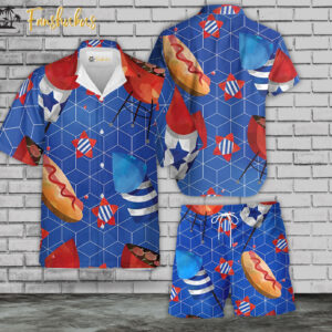 USA Flag Day Fast Food Hawaiian Shirt Set | 4th Of July Hawaiian Shirt | Unisex Hawaiian Set | Independence Day Hawaiian Style