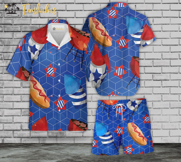 USA Flag Day Fast Food Hawaiian Shirt Set | 4th Of July Hawaiian Shirt | Unisex Hawaiian Set | Independence Day Hawaiian Style