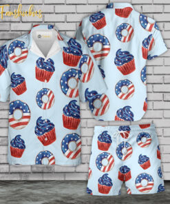 USA Donut And Cupcake Hawaiian Shirt Set | 4th Of July Hawaiian Shirt | Unisex Hawaiian Set | Independence Day Hawaiian Style