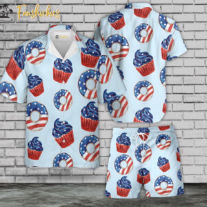 USA Donut And Cupcake Hawaiian Shirt Set | 4th Of July Hawaiian Shirt | Unisex Hawaiian Set | Independence Day Hawaiian Style