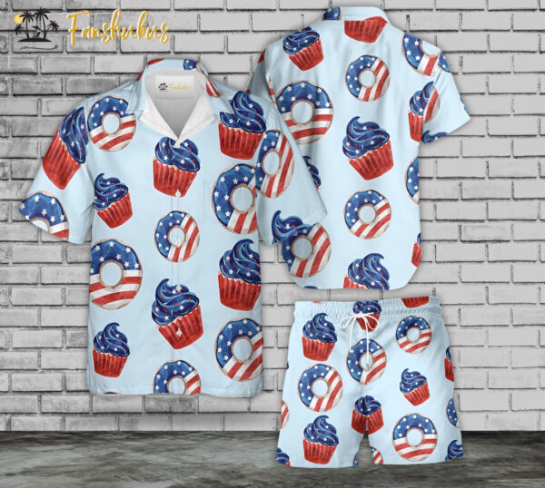 USA Donut And Cupcake Hawaiian Shirt Set | 4th Of July Hawaiian Shirt | Unisex Hawaiian Set | Independence Day Hawaiian Style