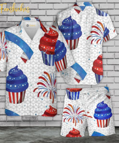 USA Flag Day Cupcake Hawaiian Shirt Set | 4th Of July Hawaiian Shirt | Unisex Hawaiian Set | Independence Day Hawaiian Style