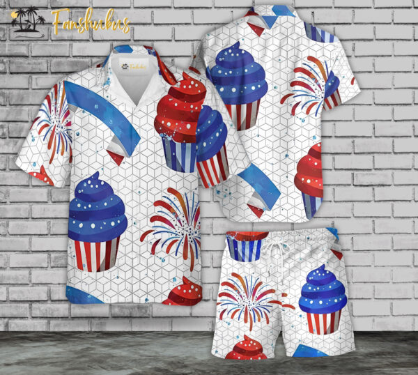 USA Flag Day Cupcake Hawaiian Shirt Set | 4th Of July Hawaiian Shirt | Unisex Hawaiian Set | Independence Day Hawaiian Style