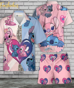 Stitch and Angel Hawaiian Shirt Set | Stitch Love Hawaiian Style | Unisex Hawaiian Set | Hawaiian Style