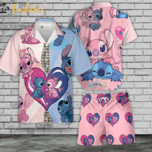 Stitch and Angel Hawaiian Shirt Set | Stitch Love Hawaiian Style | Unisex Hawaiian Set | Hawaiian Style