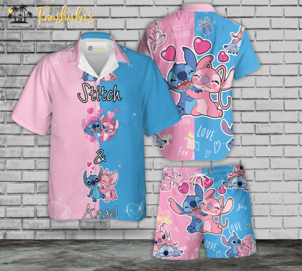 Stitch and Angel Hawaiian Shirt Set | Stitch Love Hawaiian Style | Unisex Hawaiian Set | Hawaiian Style