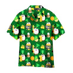 Funny Penguins Happy St Patricks Day Pattern Green Hawaiian Shirt