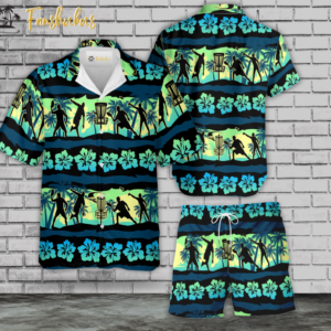 Green Hibiscus Disc Golf Hawaiian Shirt Set | Golf Hawaiian Style | Unisex Hawaiian Set