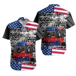Monster Truck Gift for Truck Lovers American Flag Hawaiian Shirt