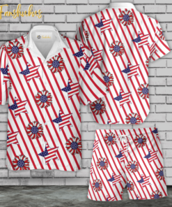 Sunflower Flag Day Hawaiian Shirt Set | 4th Of July Hawaiian Shirt | Unisex Hawaiian Set | Flower Hawaiian Style