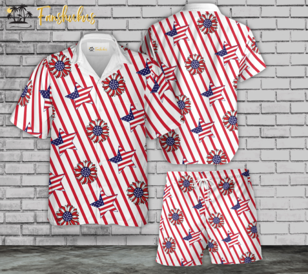 Sunflower Flag Day Hawaiian Shirt Set | 4th Of July Hawaiian Shirt | Unisex Hawaiian Set | Flower Hawaiian Style