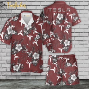 Tesla Tropical Hawaiian Shirt Set | Pattern Red Short Sleeve Hawaiian Shirt | Unisex Hawaiian Set