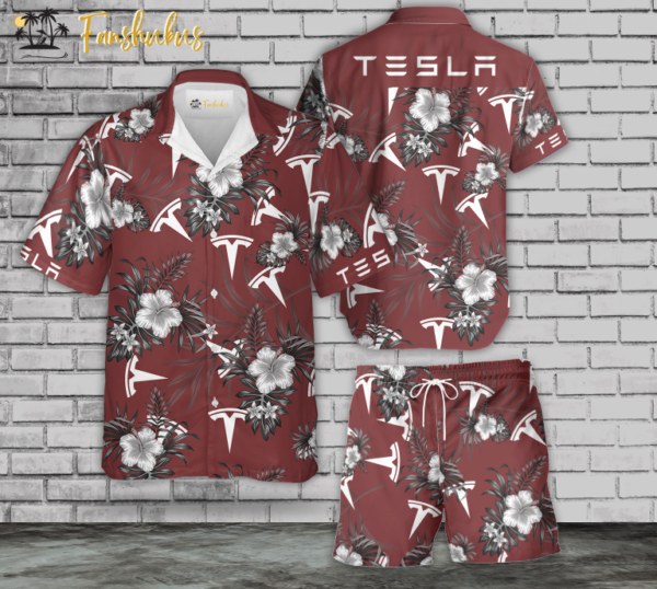 Tesla Tropical Hawaiian Shirt Set | Pattern Red Short Sleeve Hawaiian Shirt