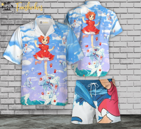 Ponyo Hawaiian Shirt Set | Japanese Anime Hawaiian Style | Unisex Hawaiian Set | Ponyo Ghibli Hawaiian Style