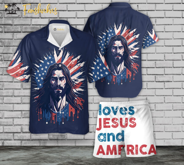 Jesus 4th Of July Hawaiian Shirt Set | US Independence Day Hawaiian Shirt | Unisex Hawaiian Set | USA Flag Day Hawaiian Style