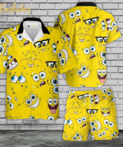 SpongeBob SquarePants Hawaiian Shirt Set | SpongeBob Series Hawaiian Shirt | Unisex Hawaiian Set | Cartoon Hawaiian Style