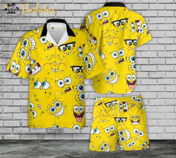 SpongeBob SquarePants Hawaiian Shirt Set | SpongeBob Series Hawaiian Shirt | Unisex Hawaiian Set | Cartoon Hawaiian Style