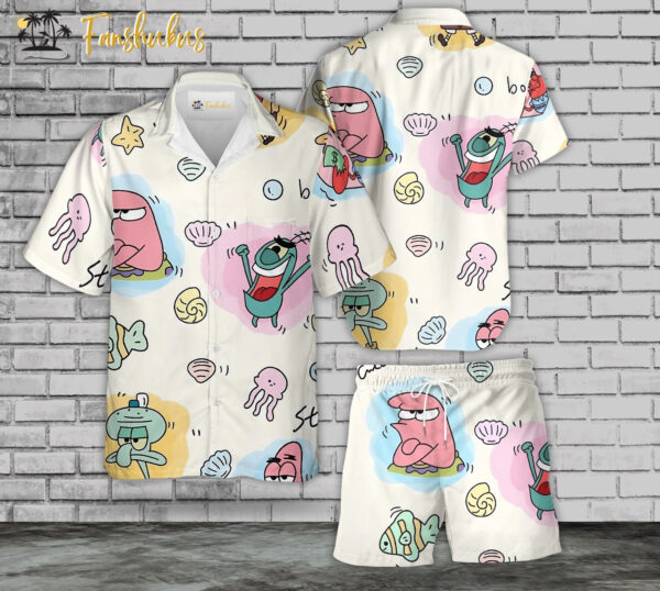SpongeBob SquarePants Hawaiian Shirt Set | SpongeBob Series Hawaiian Shirt | Unisex Hawaiian Set | Cartoon Hawaiian Style