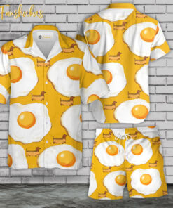 Fried-egg and Dachshund Hawaiian Shirt Set | Hawaiian Shirt | Unisex Hawaiian Set | Summer Hawaiian Style