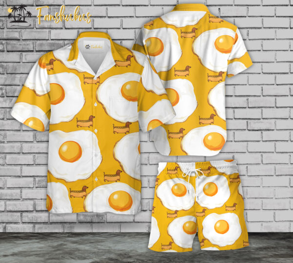 Fried-egg and Dachshund Hawaiian Shirt Set | Hawaiian Shirt | Unisex Hawaiian Set | Summer Hawaiian Style