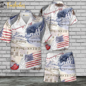 Independence Day Hawaiian Shirt Set | Stamps Hawaiian Shirt | Unisex Hawaiian Set | USA Hawaiian Style