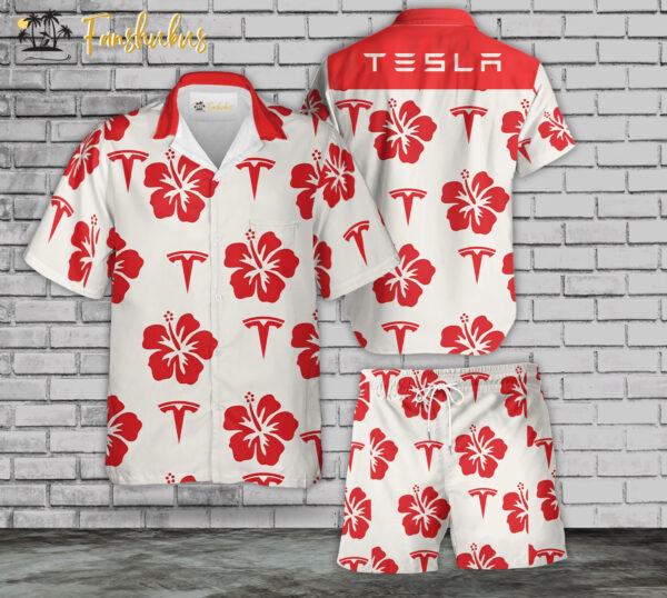 Tesla Hawaiian Shirt Set | Car Brand Hawaiian Shirt | Unisex Hawaiian Set | Car Logo Hawaiian Style