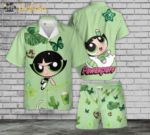 The Powerpuff Girls Hawaiian Shirt Set | Buttercup Hawaiian Shirt | Unisex Hawaiian Set | Cartoon Hawaiian Style