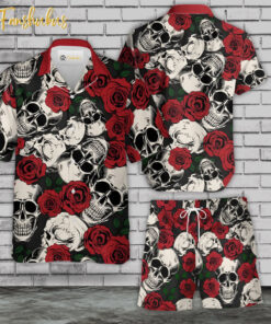 Rose Skull Hawaiian Shirt Set | Floral Skull Hawaiian Shirt | Unisex Hawaiian Set | Rose Skeleton Hawaiian Style