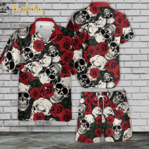 Rose Skull Hawaiian Shirt Set | Floral Skull Hawaiian Shirt | Unisex Hawaiian Set | Rose Skeleton Hawaiian Style