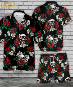 Rose Skull Hawaiian Shirt Set | Floral Skull Hawaiian Shirt | Unisex Hawaiian Set | Rose Skeleton Hawaiian Style