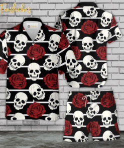 Rose Skull Hawaiian Shirt Set | Floral Skull Hawaiian Shirt | Unisex Hawaiian Set | Rose Skeleton Hawaiian Style