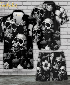 Vintage Skull Hawaiian Shirt Set | Dark Flower Skull Hawaiian Shirt | Unisex Hawaiian Set | Tropical Skeleton Hawaiian Style