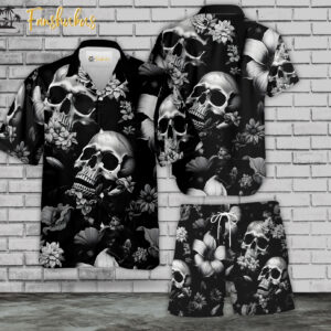 Vintage Skull Hawaiian Shirt Set | Dark Flower Skull Hawaiian Shirt | Unisex Hawaiian Set | Tropical Skeleton Hawaiian Style