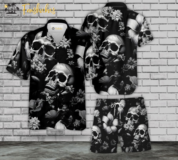 Vintage Skull Hawaiian Shirt Set | Dark Flower Skull Hawaiian Shirt | Unisex Hawaiian Set | Tropical Skeleton Hawaiian Style