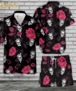 Rose Skull Hawaiian Shirt Set | Floral Skull Hawaiian Shirt | Unisex Hawaiian Set | Rose Skeleton Hawaiian Style