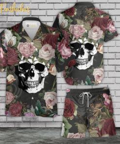 Rose Skull Hawaiian Shirt Set | Floral Skull Hawaiian Shirt | Unisex Hawaiian Set | Rose Skeleton Hawaiian Style