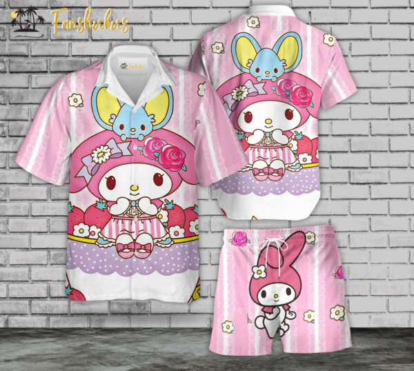 Melody Hawaiian Shirt Set | My Melody Hawaiian Shirt | Unisex Hawaiian Set | Japanese Cartoon Hawaiian Style