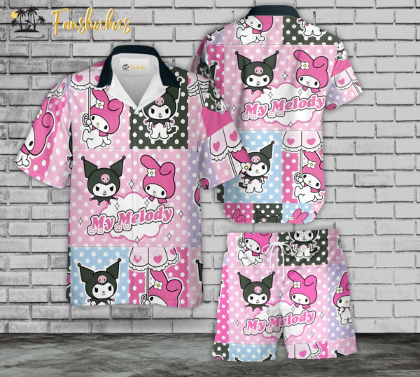 Melody & Kuromi Hawaiian Shirt Set | My Melody Hawaiian Shirt | Unisex Hawaiian Set | Japanese Cartoon Hawaiian Style