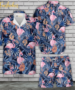 Flower Pink Flamingo Hawaiian Shirt Set | Summer Unisex Hawaiian Set | Tropical Hawaiian Style For Men and Women