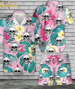 Skull Hawaiian Shirt Set | Floral Skull Hawaiian Shirt | Unisex Hawaiian Set | Tropical Skeleton Hawaiian Style