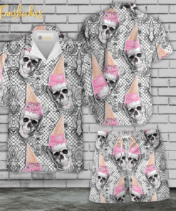 Ice Cream Skull Hawaiian Shirt Set | Summer Skull Hawaiian Shirt | Unisex Hawaiian Set | Pink Skeleton Hawaiian Style