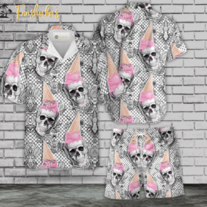 Ice Cream Skull Hawaiian Shirt Set | Summer Skull Hawaiian Shirt | Unisex Hawaiian Set | Pink Skeleton Hawaiian Style
