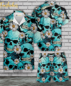 Daisy Skull Hawaiian Shirt Set | Floral Skull Hawaiian Shirt | Unisex Hawaiian Set | Tropical Skeleton Hawaiian Style