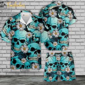 Daisy Skull Hawaiian Shirt Set | Floral Skull Hawaiian Shirt | Unisex Hawaiian Set | Tropical Skeleton Hawaiian Style