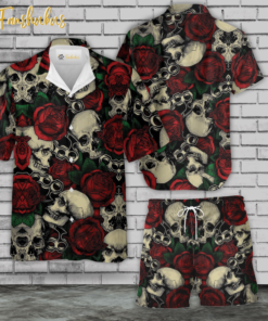 Rose Skull Hawaiian Shirt Set | Floral Skull Hawaiian Shirt | Unisex Hawaiian Set | Rose Skeleton Hawaiian Style