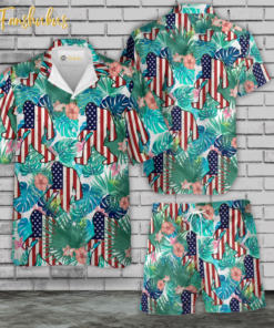 Bigfoot American Silhouette Tropical Green Hawaiian Shirt Set | Funny Crazy Vintage Hawaiian Shirt | Unisex Hawaiian Set | Summer Hawaiian Style