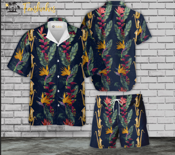 Tropical Saxophone Hawaiian Shirt Set | Tropical Hawaiian Shirt | Unisex Hawaiian Style