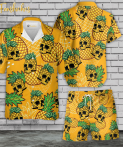 Pineapple Skull Hawaiian Shirt Set | Fruit Skull Hawaiian Shirt | Unisex Hawaiian Set | Tropical Skeleton Hawaiian Style